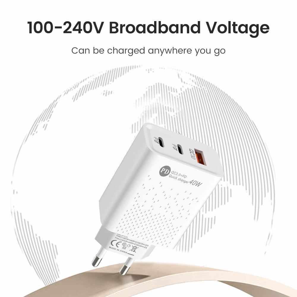 60W Phone Charging PD Fast Charging USB QC3.0 Multiple 3 Ports Type C Plug Mobile Phone Adapt for Xiaomi High Speed Wall Charger