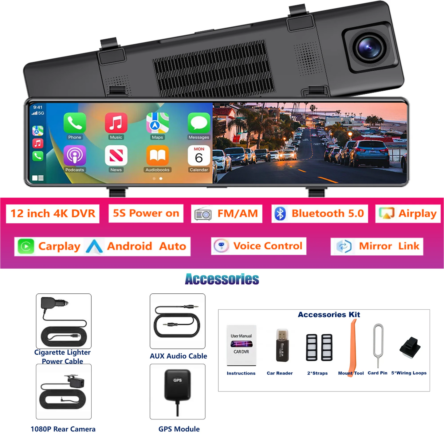 Aprilboy 12 ''4K Carplay et Android Auto voiture DVR Dash Cam caméra de rétroviseur pour enregistreur vidéo rétroviseur caméra de tableau de bord 1080P caméra arrière