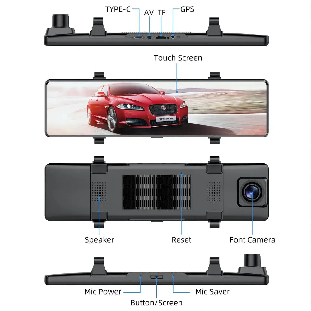 Aprilboy 12 ''4K Carplay et Android Auto voiture DVR Dash Cam caméra de rétroviseur pour enregistreur vidéo rétroviseur caméra de tableau de bord 1080P caméra arrière