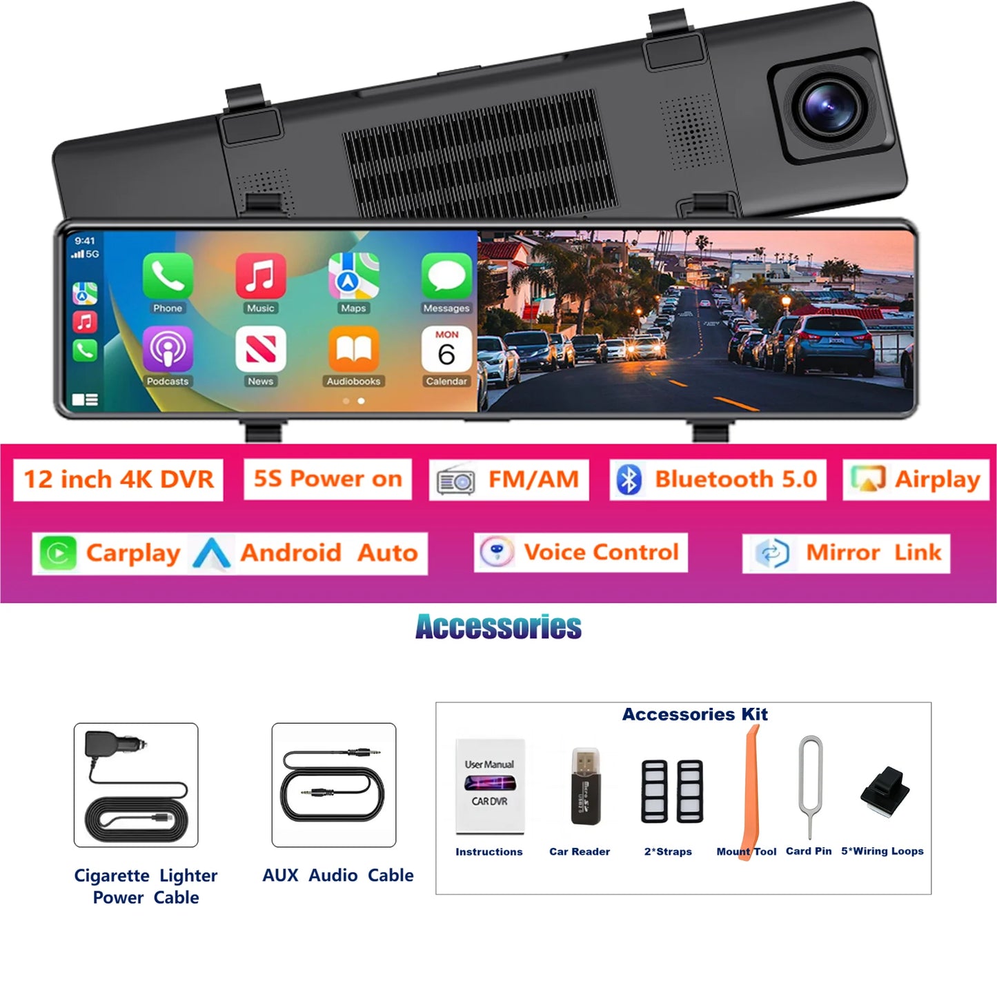 Aprilboy 12 ''4K Carplay et Android Auto voiture DVR Dash Cam caméra de rétroviseur pour enregistreur vidéo rétroviseur caméra de tableau de bord 1080P caméra arrière