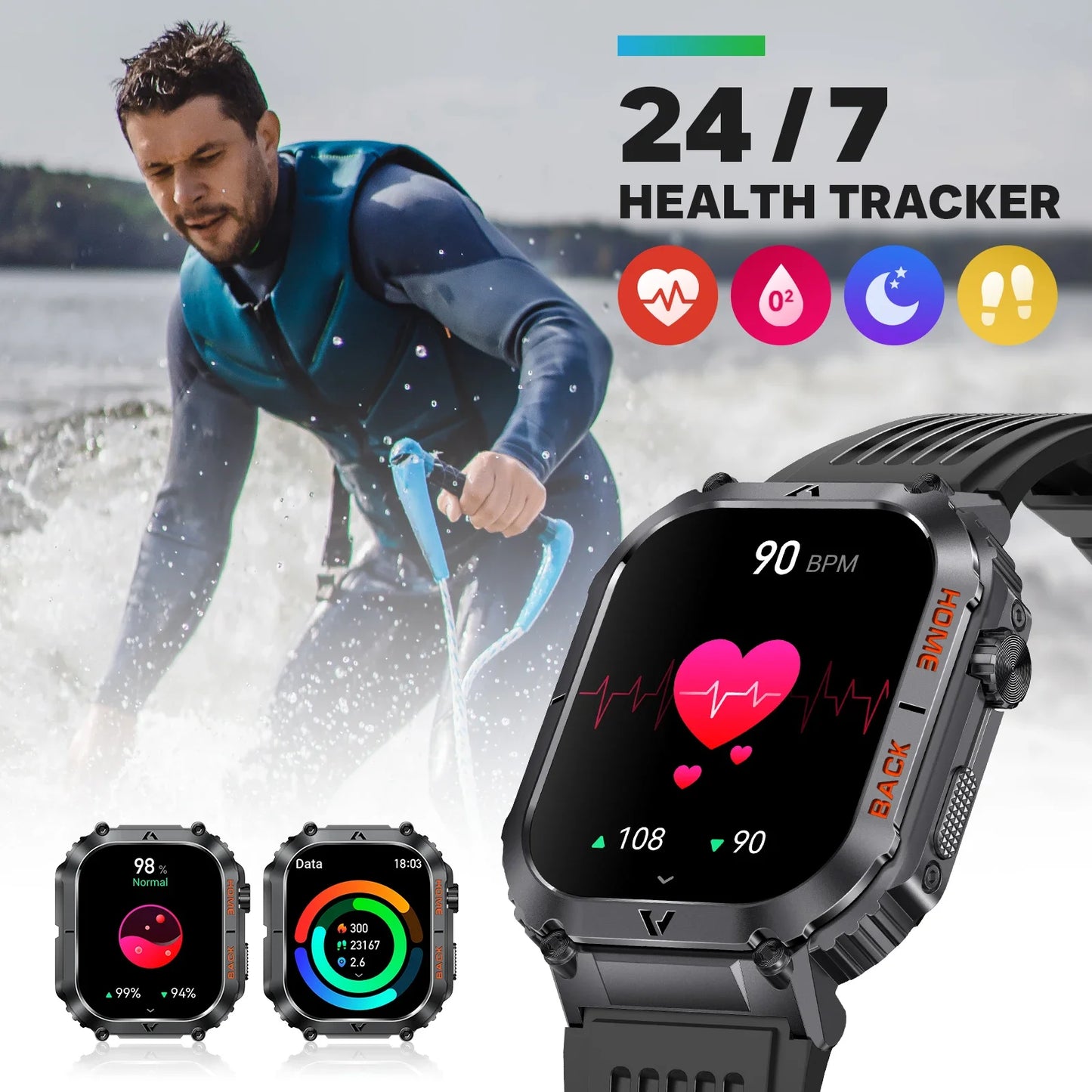 EIGIIS nouveaux hommes montre 5ATM étanche fréquence cardiaque pression artérielle moniteur d'oxymétrie 2.02 ''TFT HD avec boussole 100 + Mode sport EW5