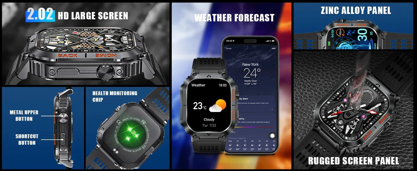 EIGIIS nouveaux hommes montre 5ATM étanche fréquence cardiaque pression artérielle moniteur d'oxymétrie 2.02 ''TFT HD avec boussole 100 + Mode sport EW5