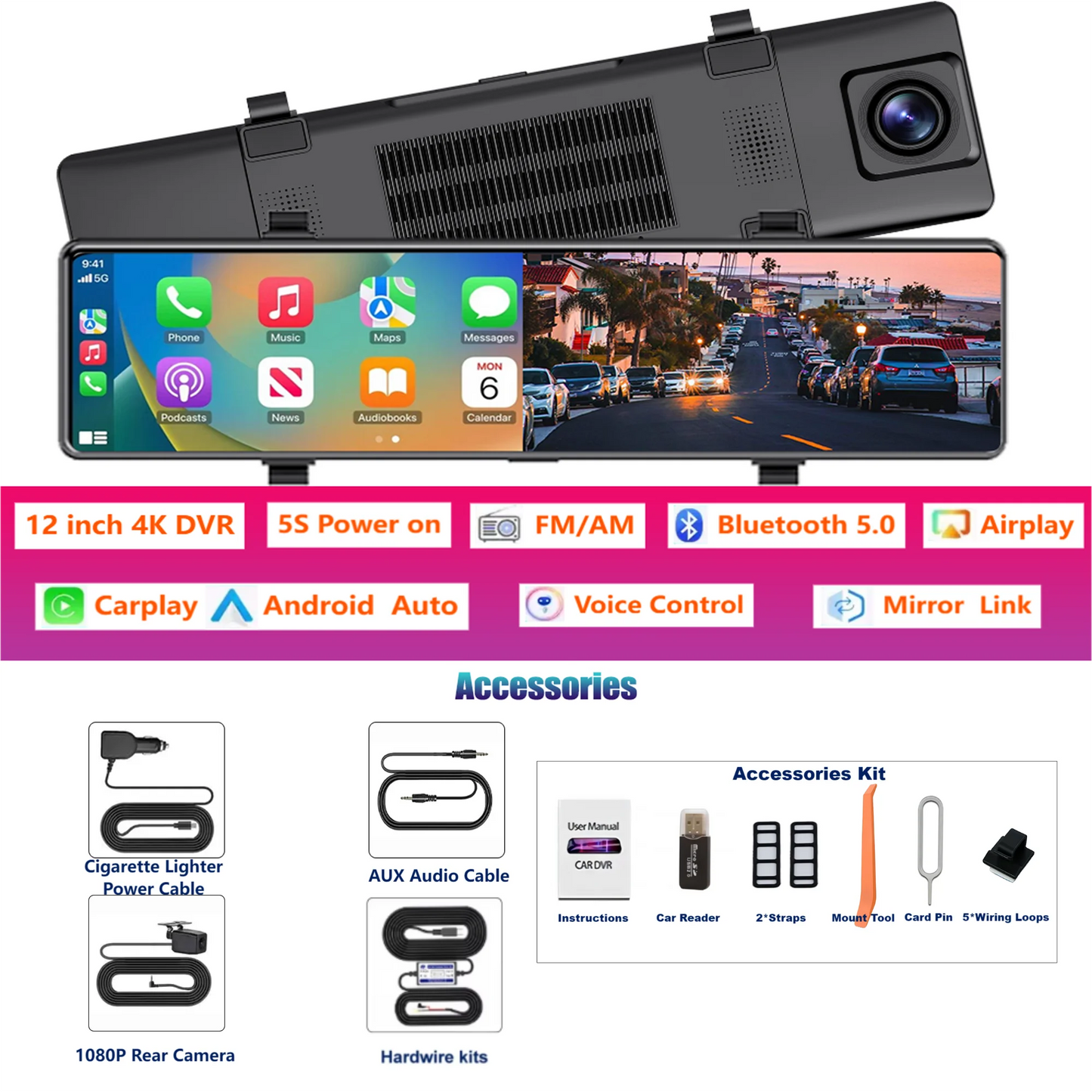 Aprilboy 12 ''4K Carplay et Android Auto voiture DVR Dash Cam caméra de rétroviseur pour enregistreur vidéo rétroviseur caméra de tableau de bord 1080P caméra arrière