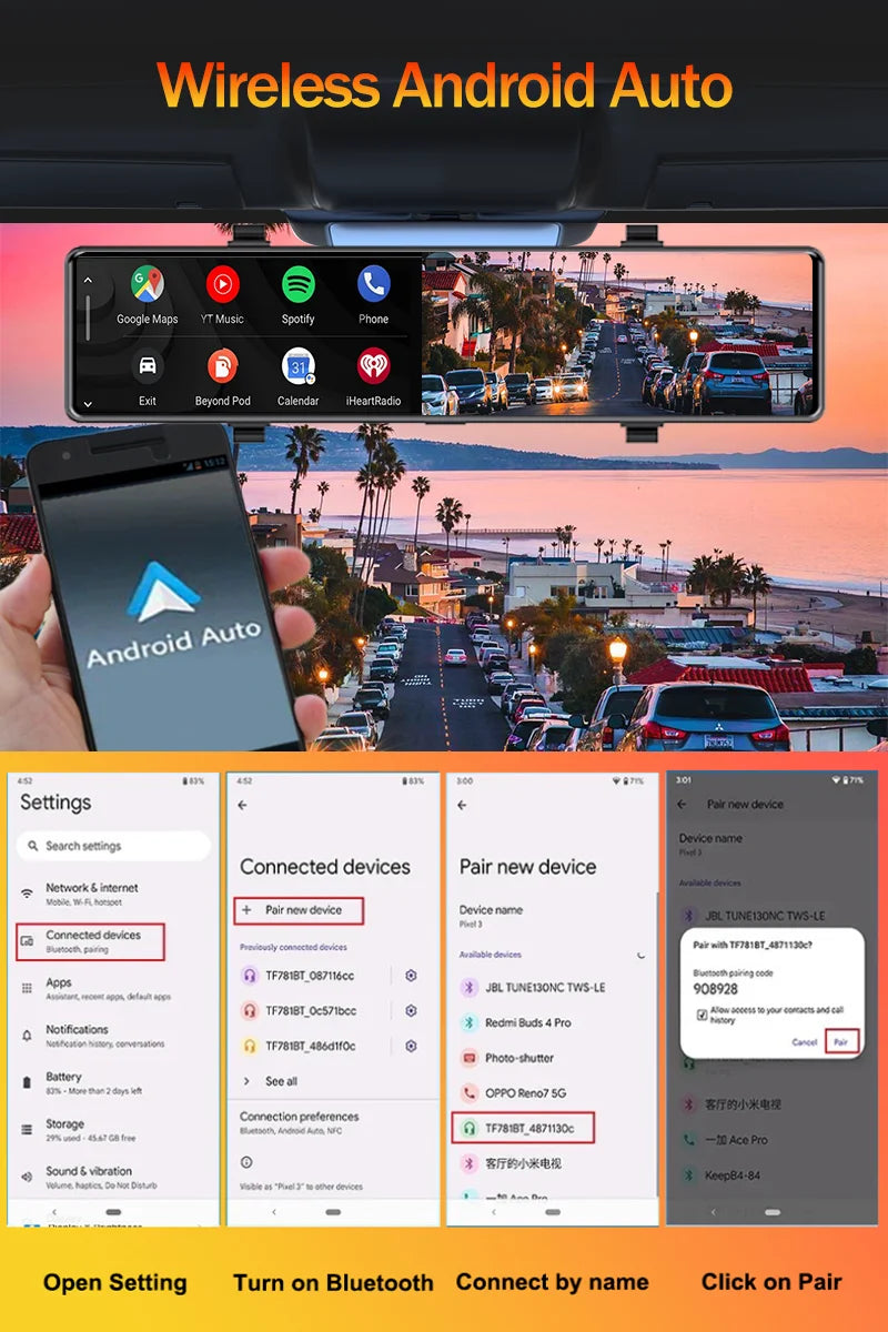 Aprilboy 12 ''4K Carplay et Android Auto voiture DVR Dash Cam caméra de rétroviseur pour enregistreur vidéo rétroviseur caméra de tableau de bord 1080P caméra arrière