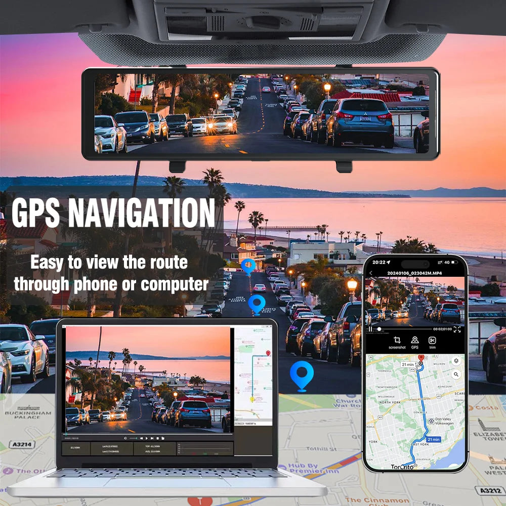 Aprilboy 12 ''4K Carplay et Android Auto voiture DVR Dash Cam caméra de rétroviseur pour enregistreur vidéo rétroviseur caméra de tableau de bord 1080P caméra arrière