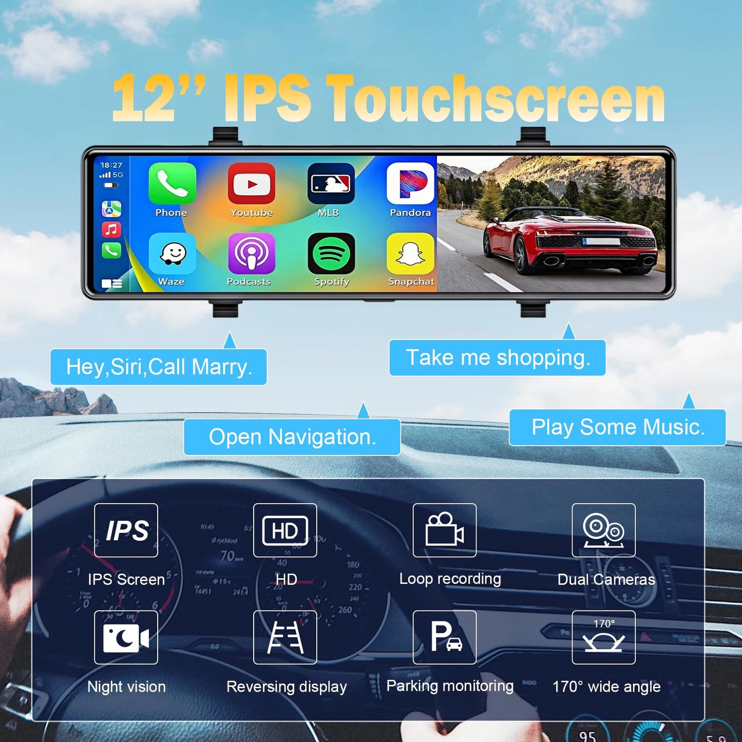 Aprilboy 12 ''4K Carplay et Android Auto voiture DVR Dash Cam caméra de rétroviseur pour enregistreur vidéo rétroviseur caméra de tableau de bord 1080P caméra arrière