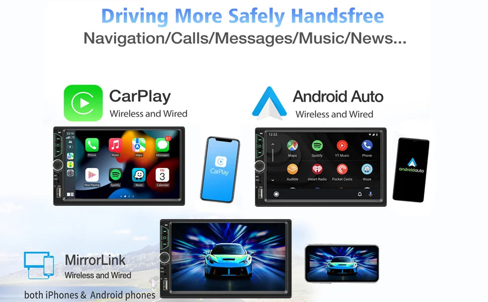 Autoradio à écran tactile HD, lecteur vidéo de voiture, CarPlay sans fil, Android Auto, caméra arrière Bluetooth, 2 Din, haute qualité, 7 pouces