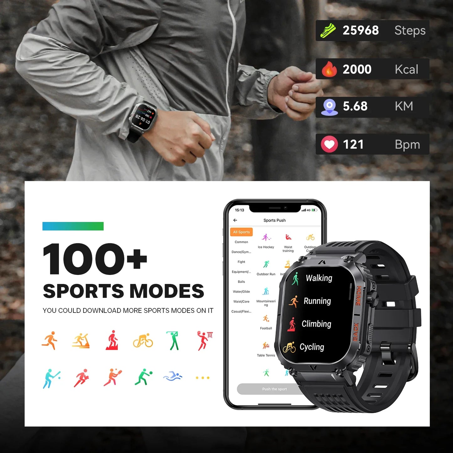 EIGIIS nouveaux hommes montre 5ATM étanche fréquence cardiaque pression artérielle moniteur d'oxymétrie 2.02 ''TFT HD avec boussole 100 + Mode sport EW5