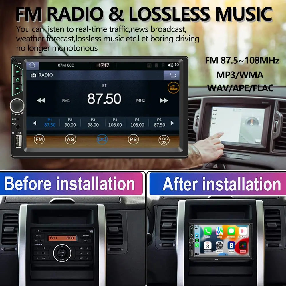 Autoradio à écran tactile HD, lecteur vidéo de voiture, CarPlay sans fil, Android Auto, caméra arrière Bluetooth, 2 Din, haute qualité, 7 pouces