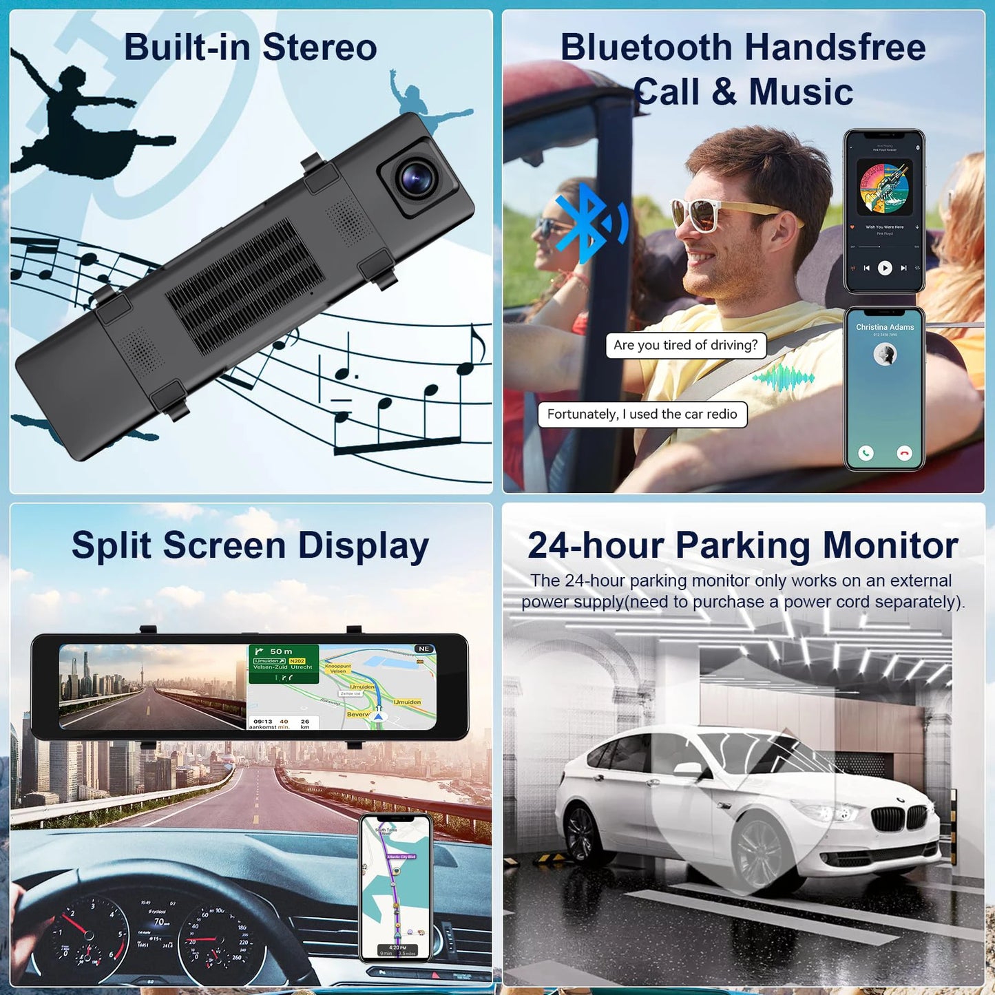Aprilboy 12 ''4K Carplay et Android Auto voiture DVR Dash Cam caméra de rétroviseur pour enregistreur vidéo rétroviseur caméra de tableau de bord 1080P caméra arrière