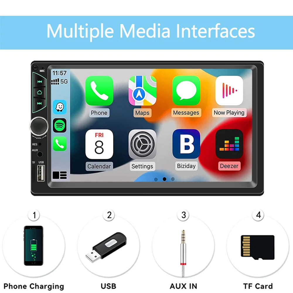 Autoradio à écran tactile HD, lecteur vidéo de voiture, CarPlay sans fil, Android Auto, caméra arrière Bluetooth, 2 Din, haute qualité, 7 pouces