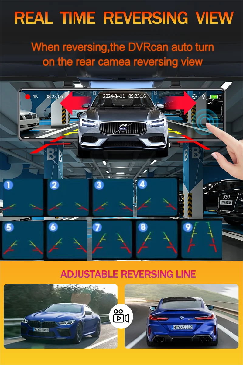 Aprilboy 12 ''4K Carplay et Android Auto voiture DVR Dash Cam caméra de rétroviseur pour enregistreur vidéo rétroviseur caméra de tableau de bord 1080P caméra arrière