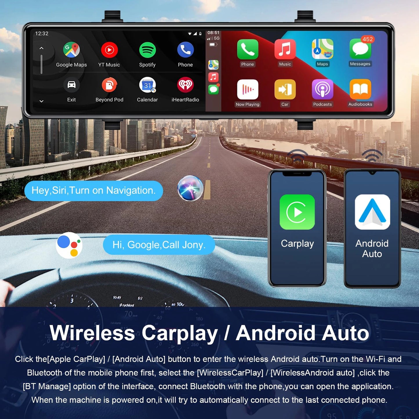 Aprilboy 12 ''4K Carplay et Android Auto voiture DVR Dash Cam caméra de rétroviseur pour enregistreur vidéo rétroviseur caméra de tableau de bord 1080P caméra arrière