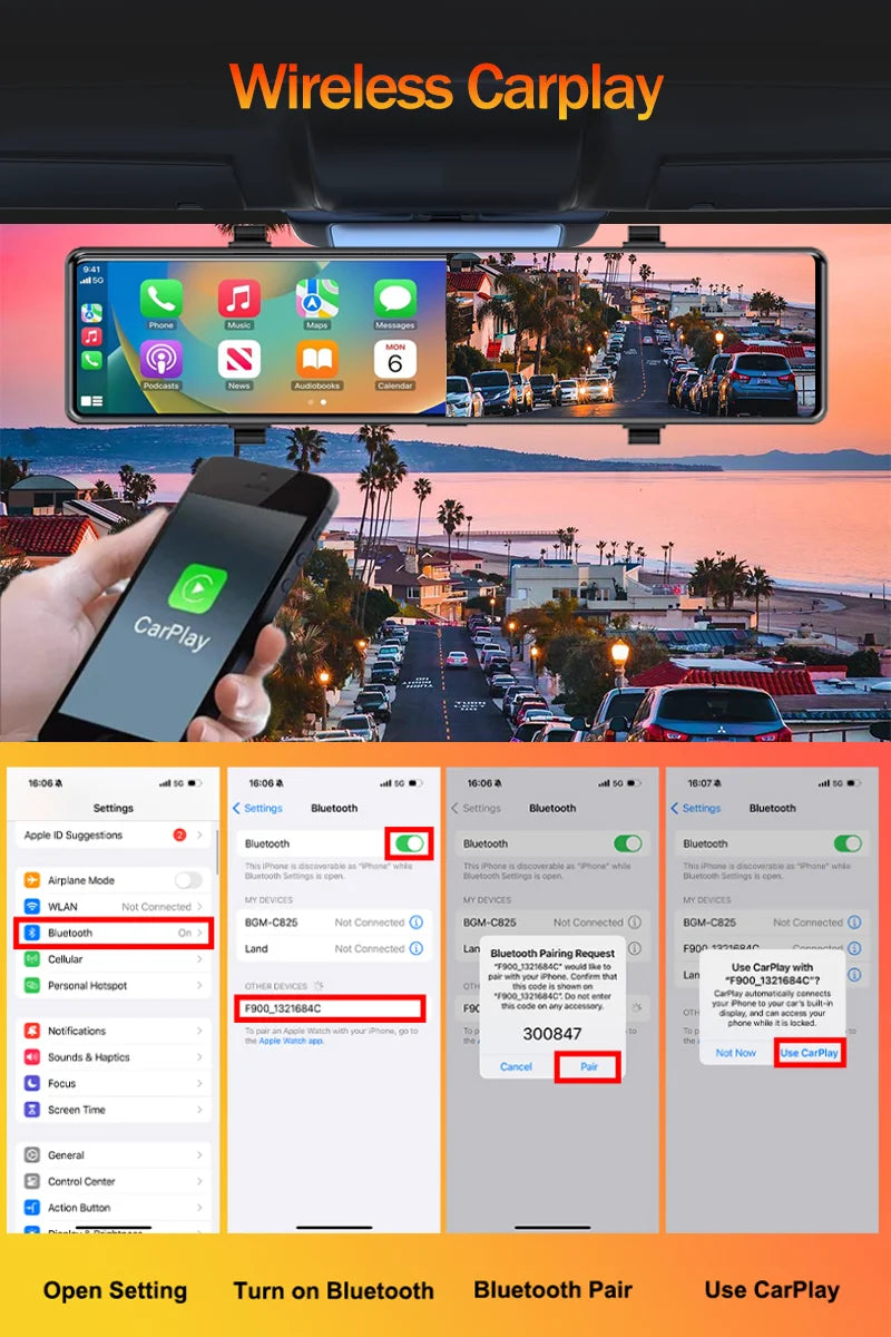 Aprilboy 12 ''4K Carplay et Android Auto voiture DVR Dash Cam caméra de rétroviseur pour enregistreur vidéo rétroviseur caméra de tableau de bord 1080P caméra arrière