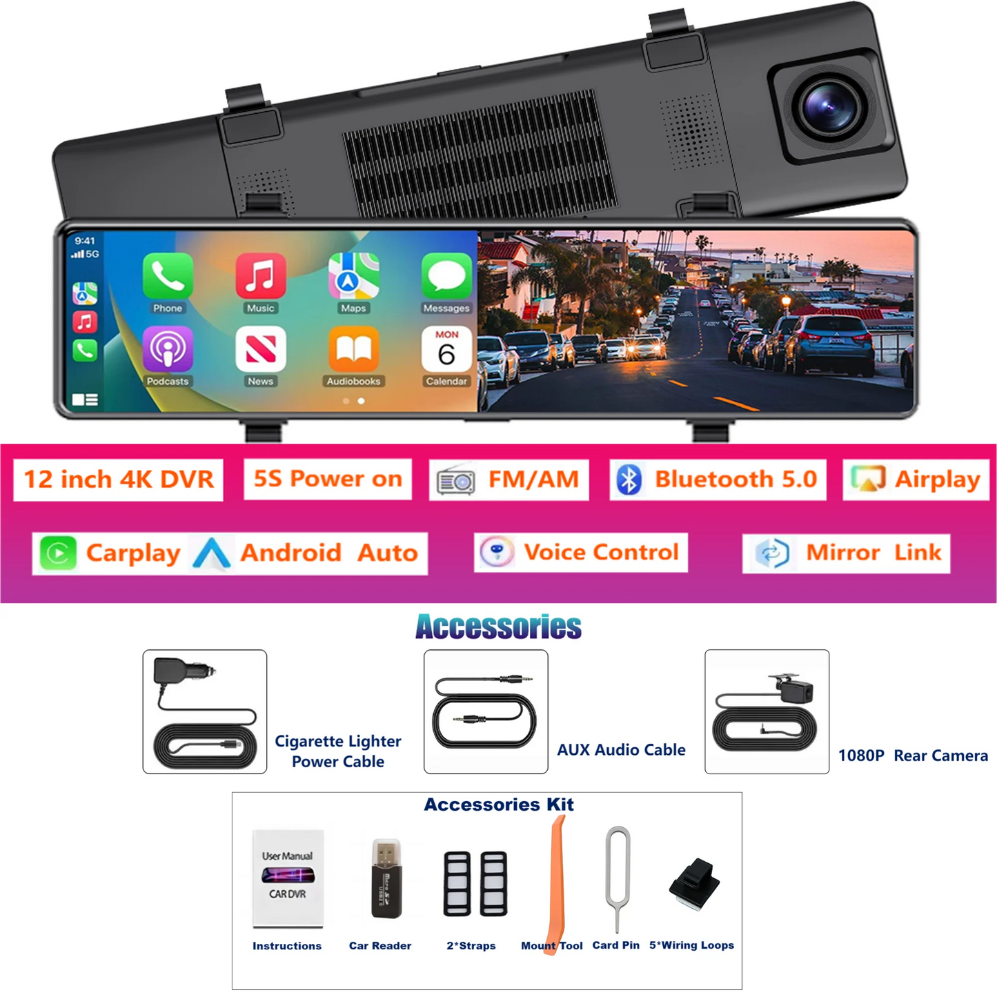 Aprilboy 12 ''4K Carplay et Android Auto voiture DVR Dash Cam caméra de rétroviseur pour enregistreur vidéo rétroviseur caméra de tableau de bord 1080P caméra arrière