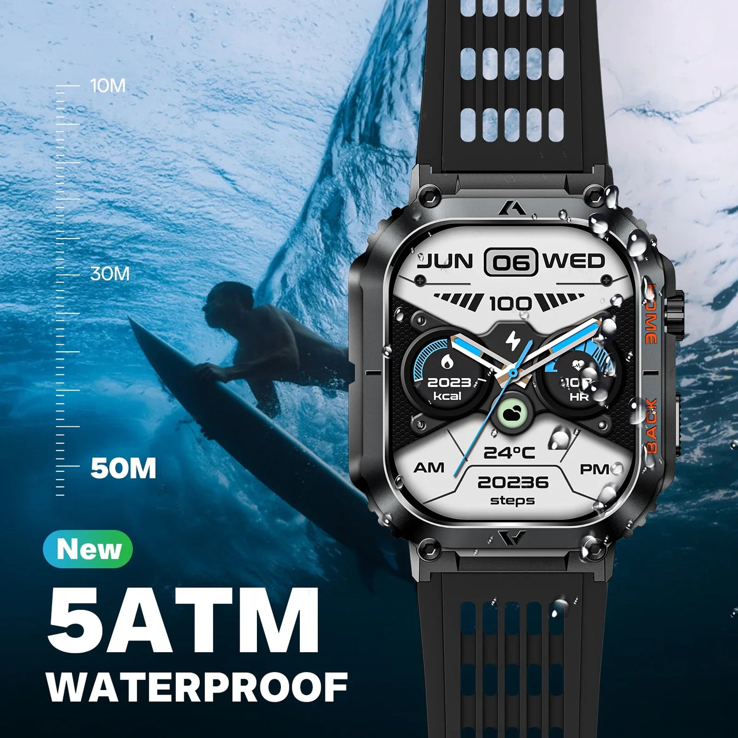 EIGIIS nouveaux hommes montre 5ATM étanche fréquence cardiaque pression artérielle moniteur d'oxymétrie 2.02 ''TFT HD avec boussole 100 + Mode sport EW5