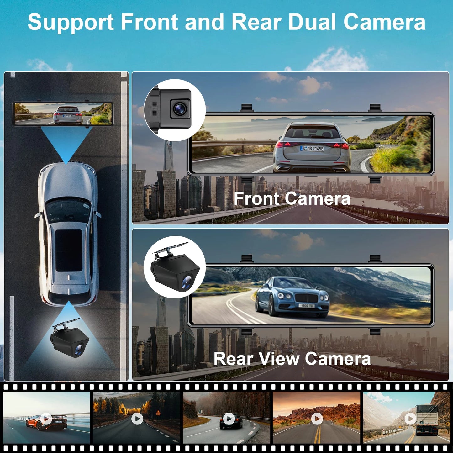 Aprilboy 12 ''4K Carplay et Android Auto voiture DVR Dash Cam caméra de rétroviseur pour enregistreur vidéo rétroviseur caméra de tableau de bord 1080P caméra arrière