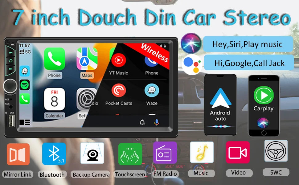 Autoradio à écran tactile HD, lecteur vidéo de voiture, CarPlay sans fil, Android Auto, caméra arrière Bluetooth, 2 Din, haute qualité, 7 pouces