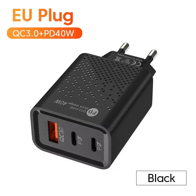 60W Phone Charging PD Fast Charging USB QC3.0 Multiple 3 Ports Type C Plug Mobile Phone Adapt for Xiaomi High Speed Wall Charger