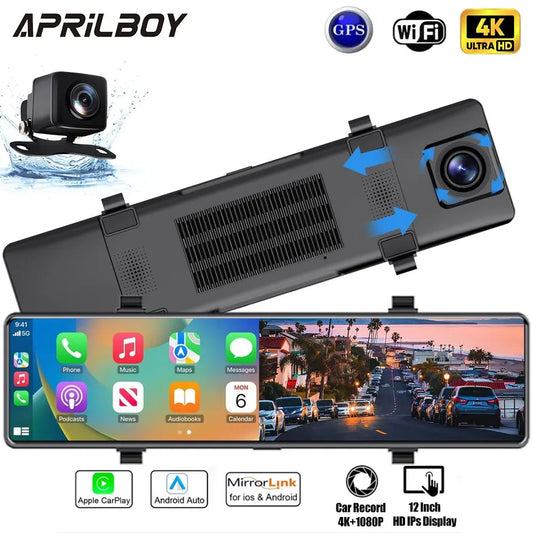 Aprilboy 12 ''4K Carplay et Android Auto voiture DVR Dash Cam caméra de rétroviseur pour enregistreur vidéo rétroviseur caméra de tableau de bord 1080P caméra arrière
