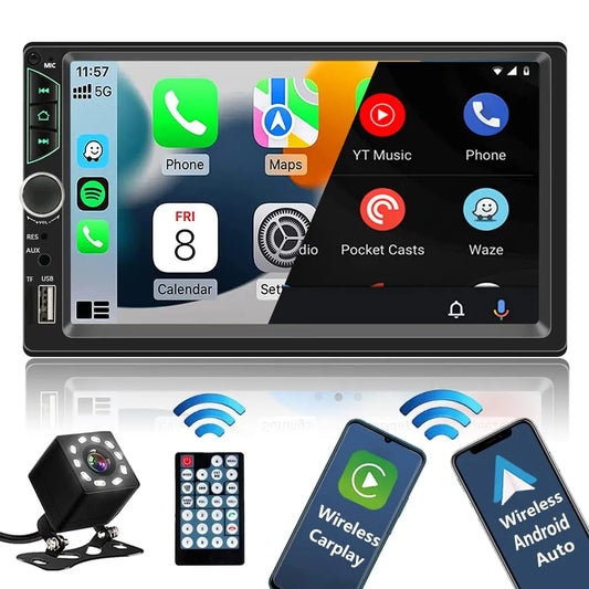 Autoradio à écran tactile HD, lecteur vidéo de voiture, CarPlay sans fil, Android Auto, caméra arrière Bluetooth, 2 Din, haute qualité, 7 pouces