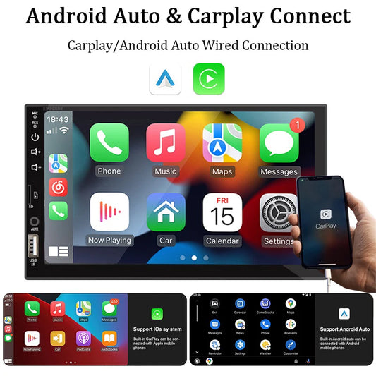 7 "autoradio 1 Din Carplay Android Auto lecteur multimédia HD écran tactile FM AUX entrée Bluetooth MirrorLink Autoradio universelle